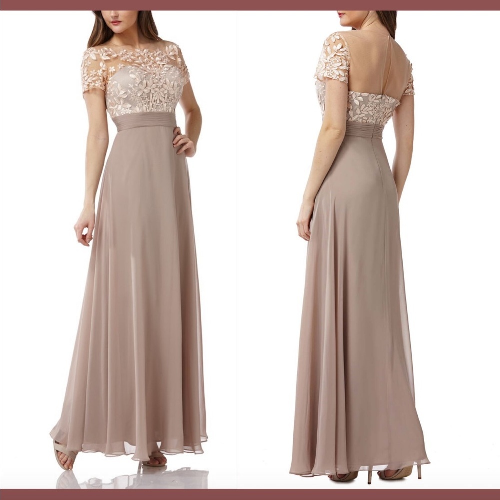 NWD $298 JS Collections Embroidered Illusion Bodice Gown in Nude [SZ‎ 10 ]